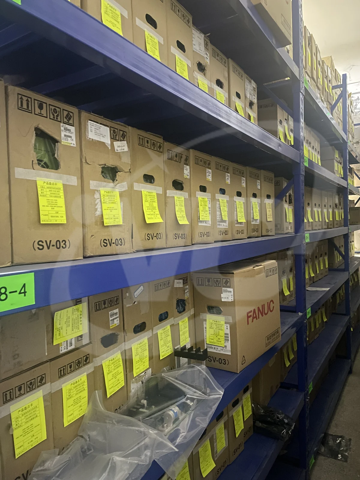Warehouse shelving for FANUC spare parts and automation cartons