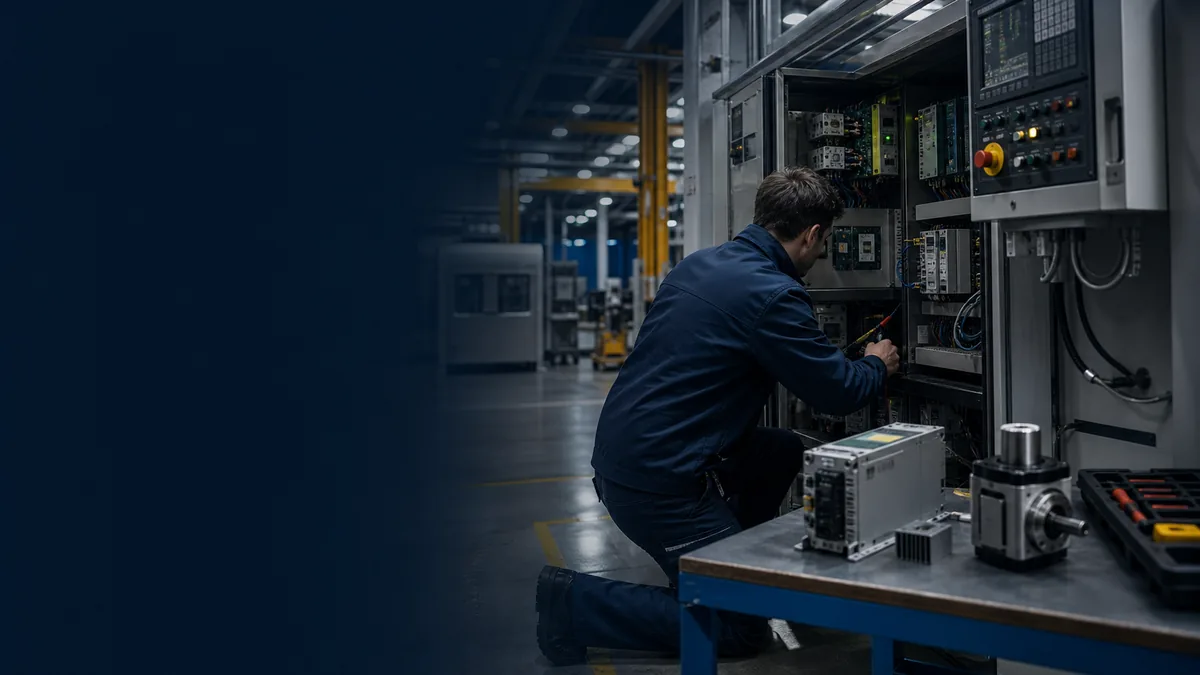 Engineer checking automation equipment during urgent machine downtime