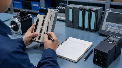Maintenance engineer checking CNC spare part model and control board information