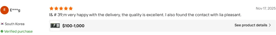 Anonymized verified buyer feedback from South Korea about delivery and quality