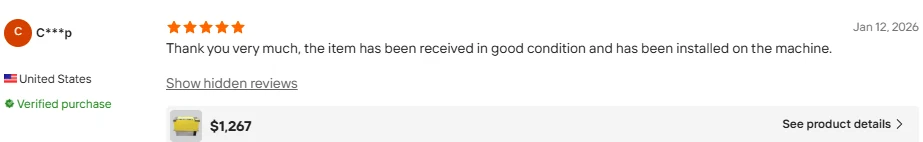 Anonymized verified buyer feedback from the United States about machine installation